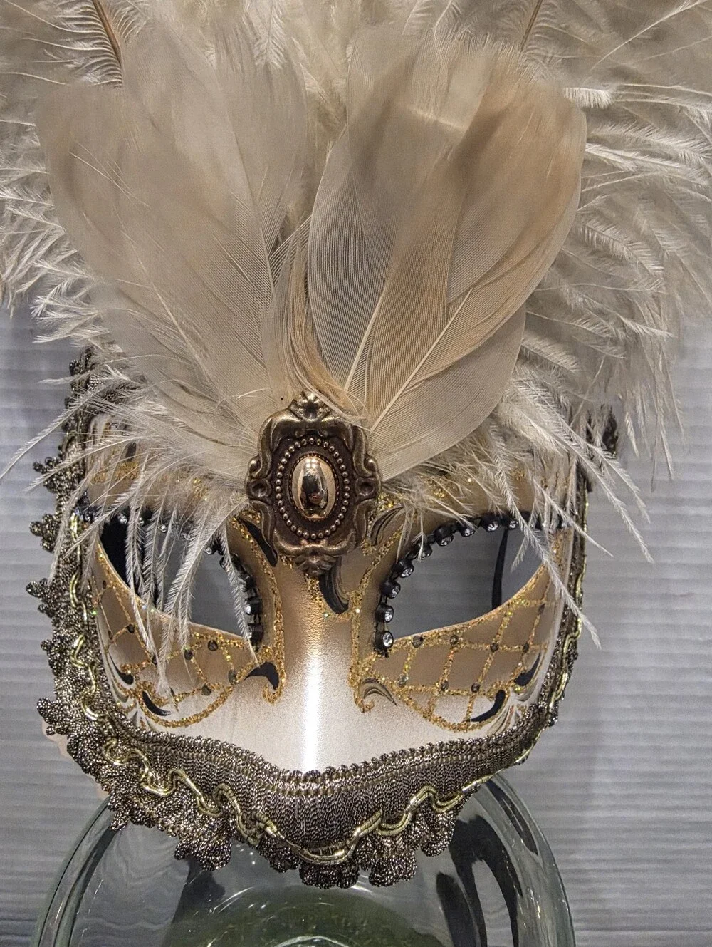 Gold and Cream Feathered Venetian Masquerade Mask.